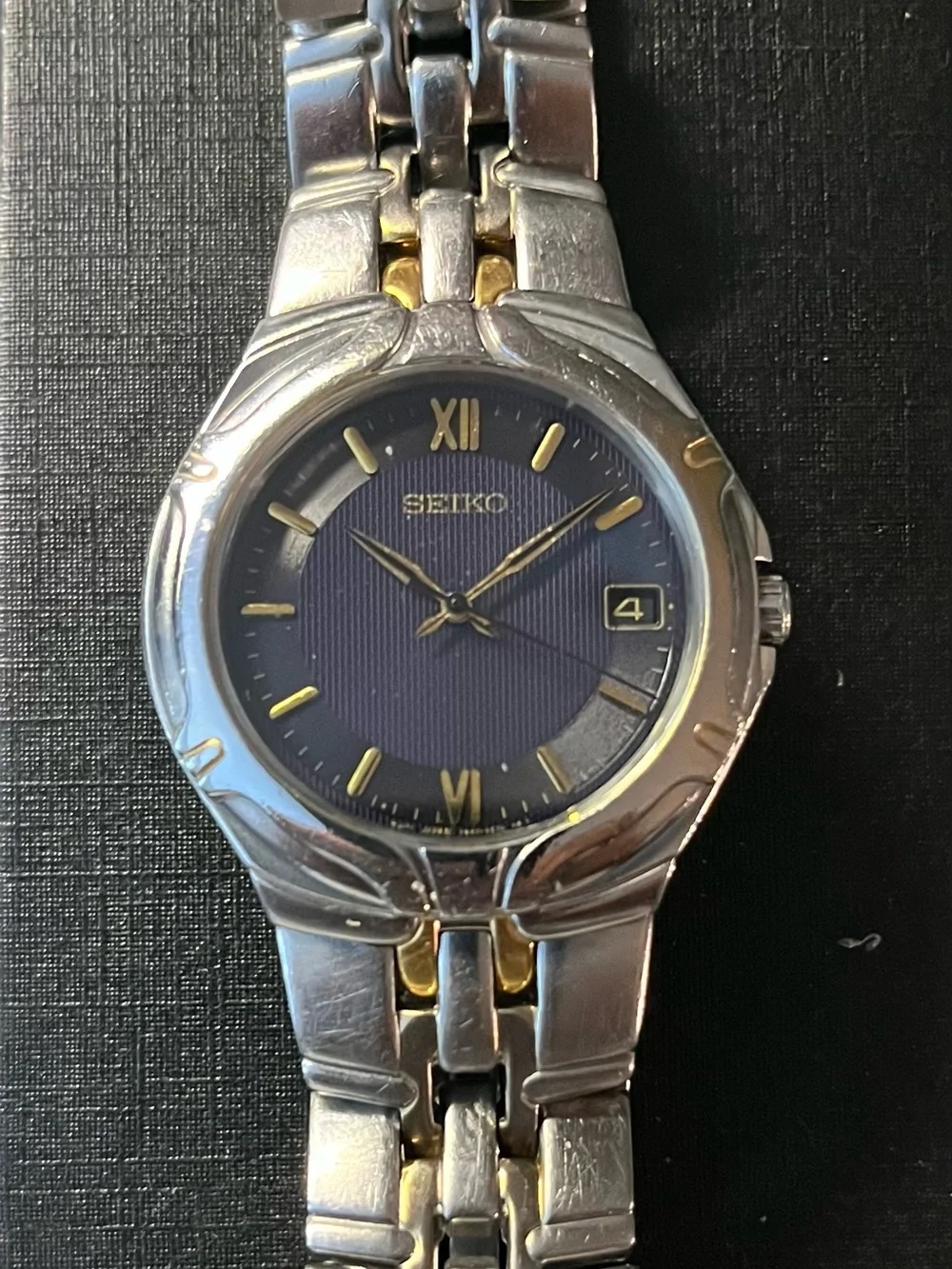 Vintage Seiko Watch Two Tone Blue Roman Numeral Dial Quartz Dress Men 7N42-6C10